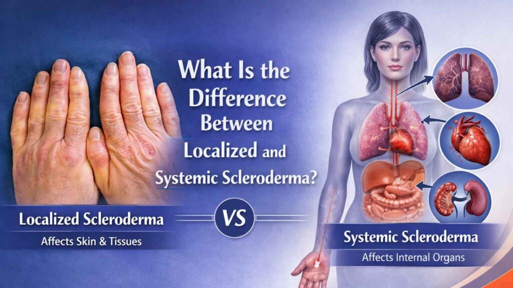 Comparison illustration showing localized scleroderma affecting skin and systemic scleroderma affecting internal organs including lungs, heart, and kidneys