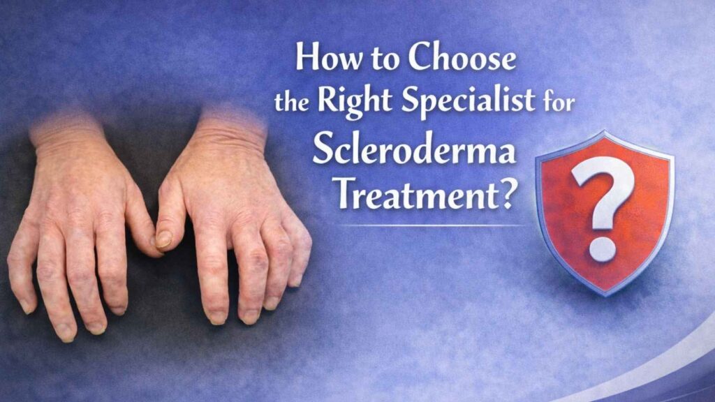 Hands showing skin tightening associated with scleroderma alongside text about choosing the right specialist for treatment