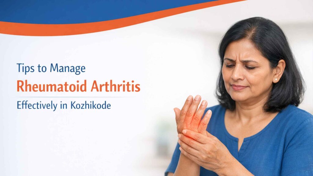 Middle‑aged Indian woman gently holding her hand in mild discomfort, illustrating rheumatoid arthritis management tips in Kozhikode.