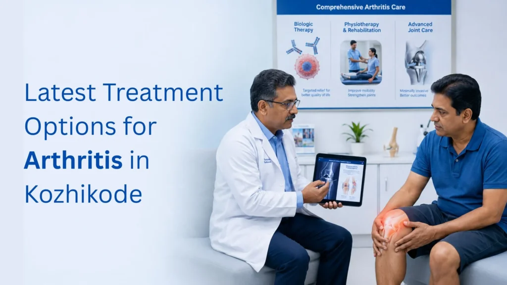 Experienced Indian rheumatologist explaining the latest treatment options for arthritis in Kozhikode to a middle-aged patient in a modern clinic.