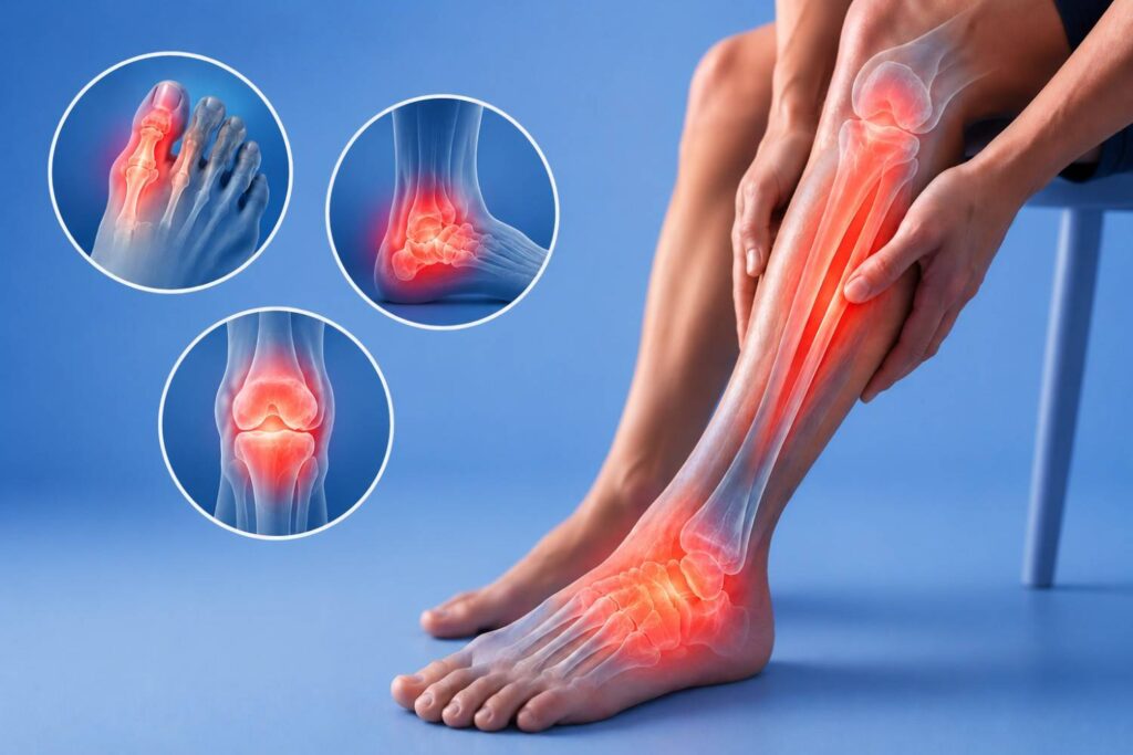 Uric acid symptoms in legs with pain and inflammation in the foot, ankle, and knee.
