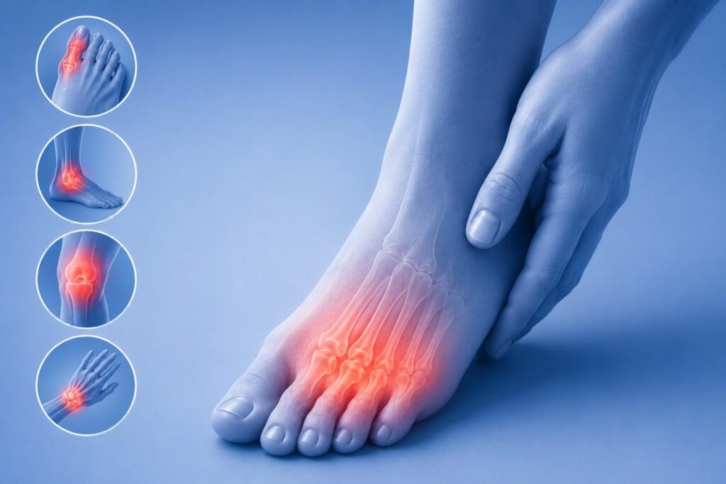 Symptoms of high uric acid with foot pain and joint inflammation.