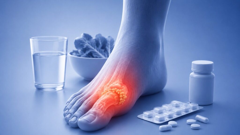 Treatment for high uric acid with gout relief, medication, and hydration.