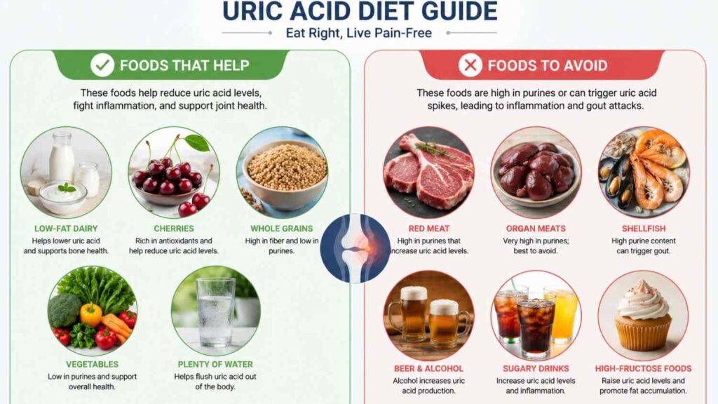 Infographic showing foods that help lower uric acid naturally, including cherries, vegetables, whole grains, low-fat dairy, and water, alongside foods to avoid such as red meat, shellfish, alcohol, sugary drinks, and high-fructose foods.