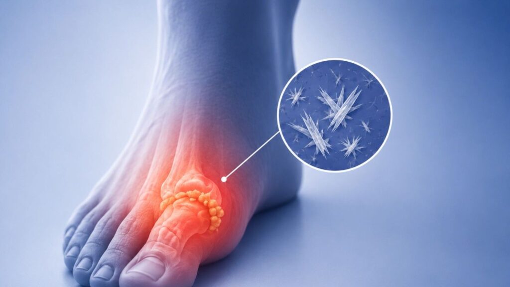 Close-up medical visualization of an inflamed toe joint caused by gout, featuring uric acid crystal deposits highlighted in a soft blue clinical background.