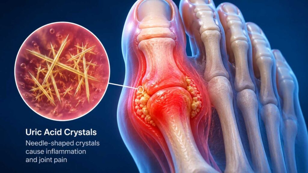 3D medical illustration of uric acid crystals forming inside an inflamed toe joint, showing needle-like crystal deposits associated with gout and severe joint pain.