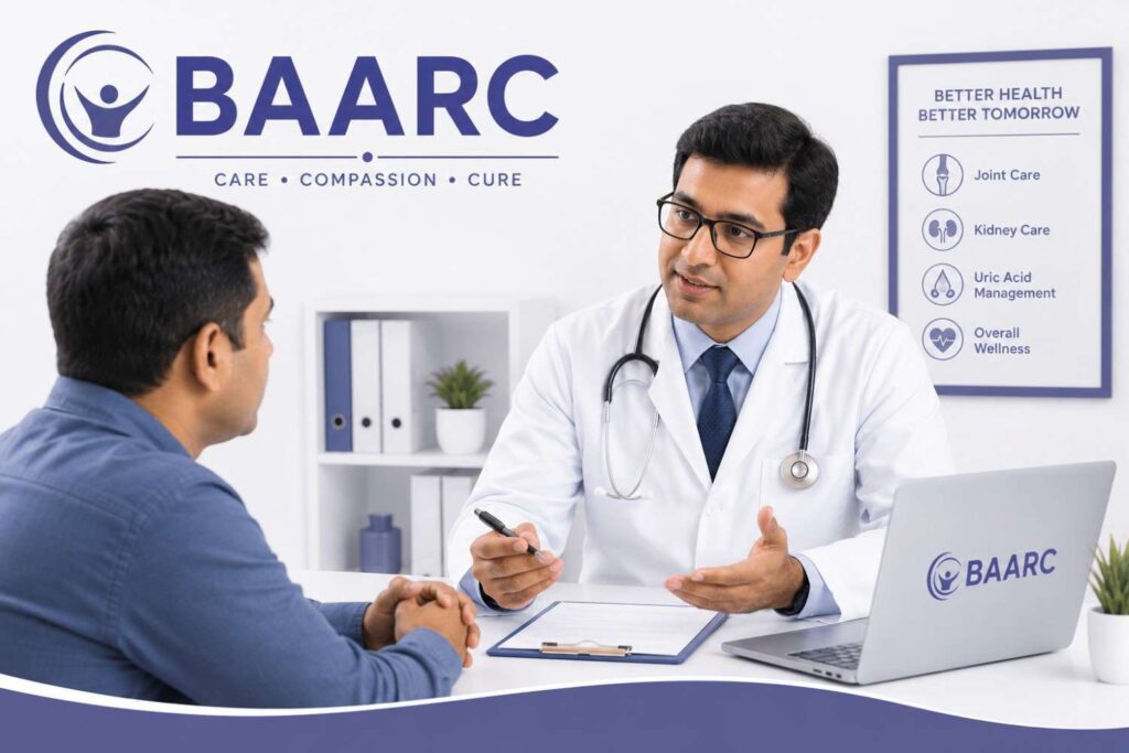 Male doctor consulting a patient in a modern clinic setting with BAARC branding, discussing health concerns during a one-on-one medical consultation.