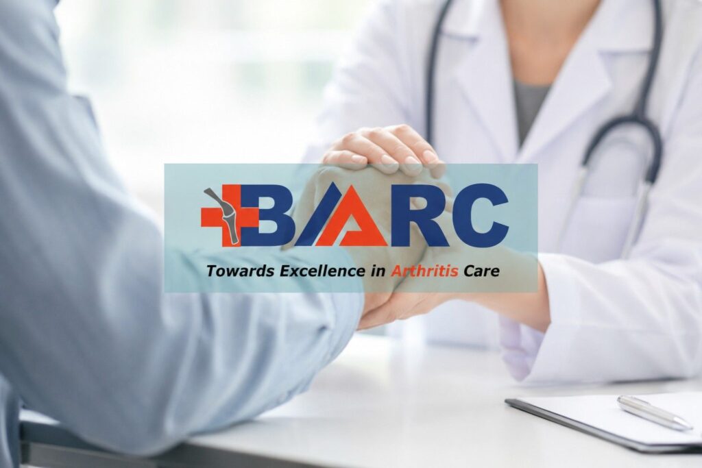 Doctor examining a patient's hand during an arthritis consultation with BARC logo, highlighting expert arthritis care and joint health treatment.
