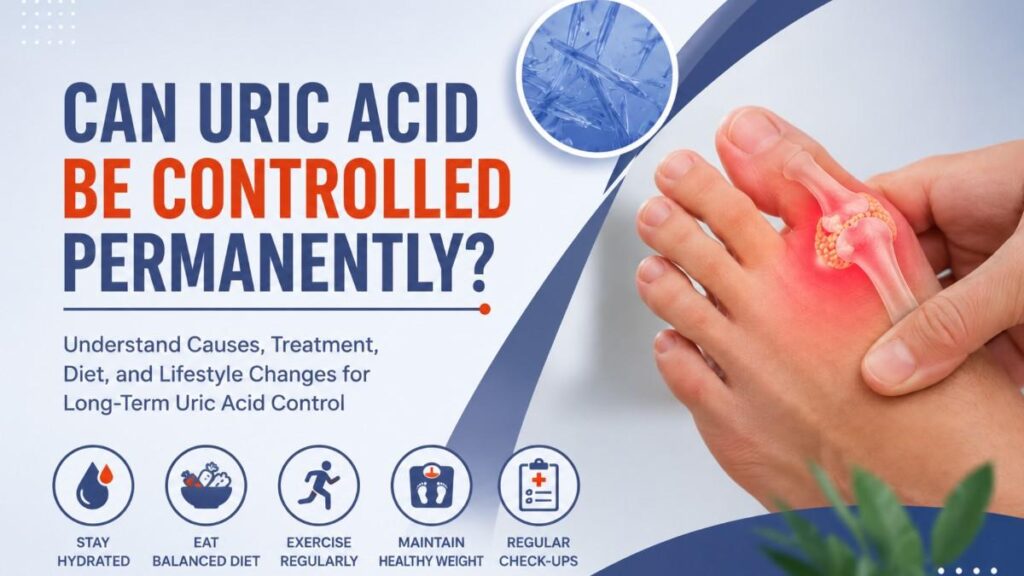 Can Uric Acid Be Controlled Permanently? Healthcare banner illustrating long-term uric acid management through healthy lifestyle habits, medical guidance, and preventive care.