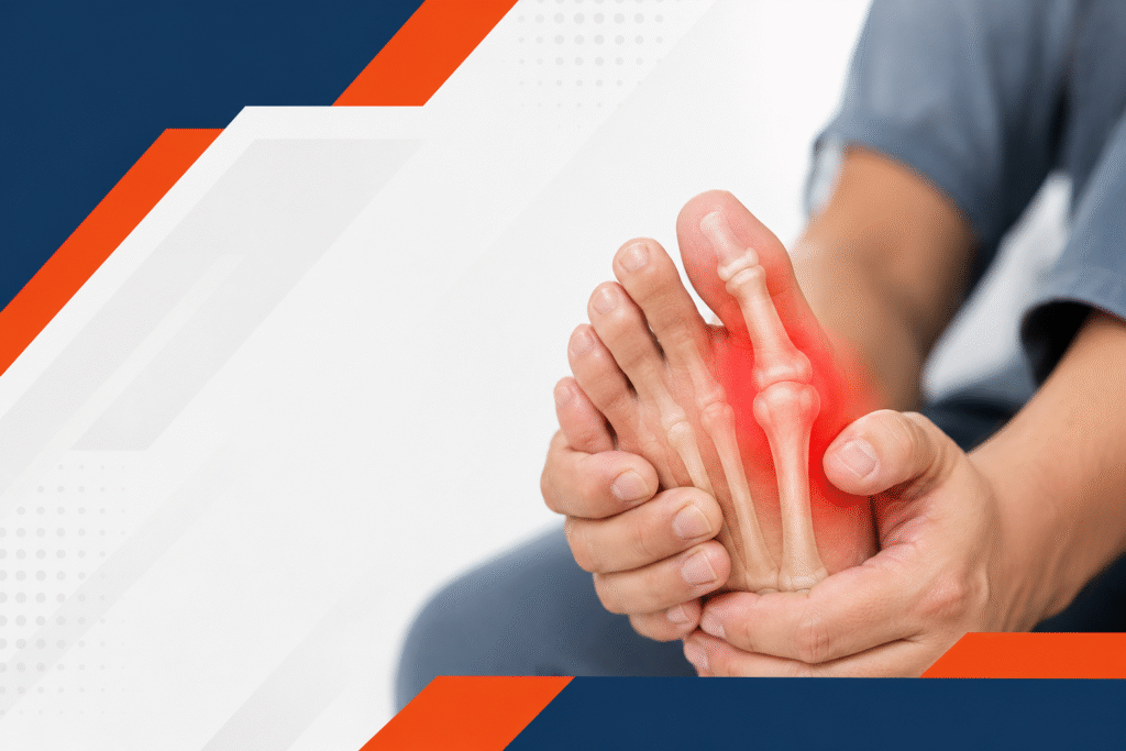 Uric acid and gout attack causing pain, swelling, and inflammation in the big toe joint of an adult patient.