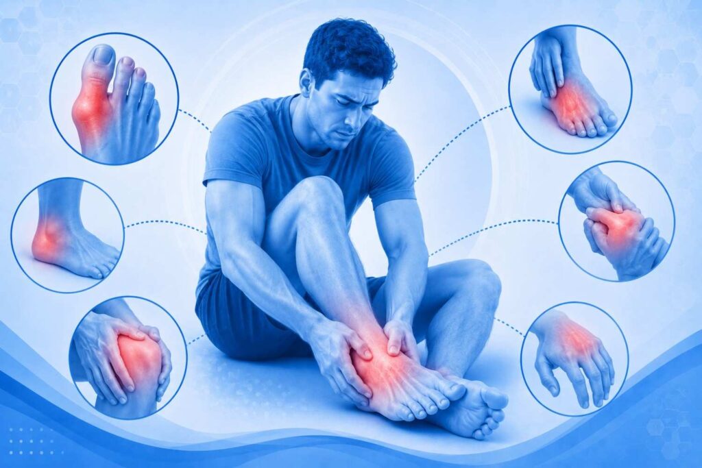 Early symptoms of high uric acid causing joint pain and foot inflammation.