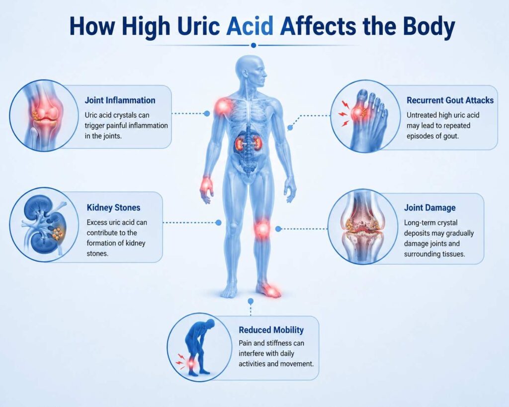 Effects of high uric acid on joints, kidneys, and mobility.