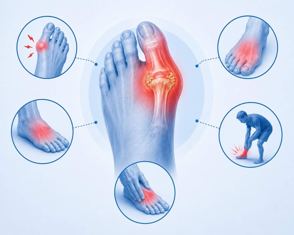 Uric acid symptoms in feet affecting the big toe and foot joints.