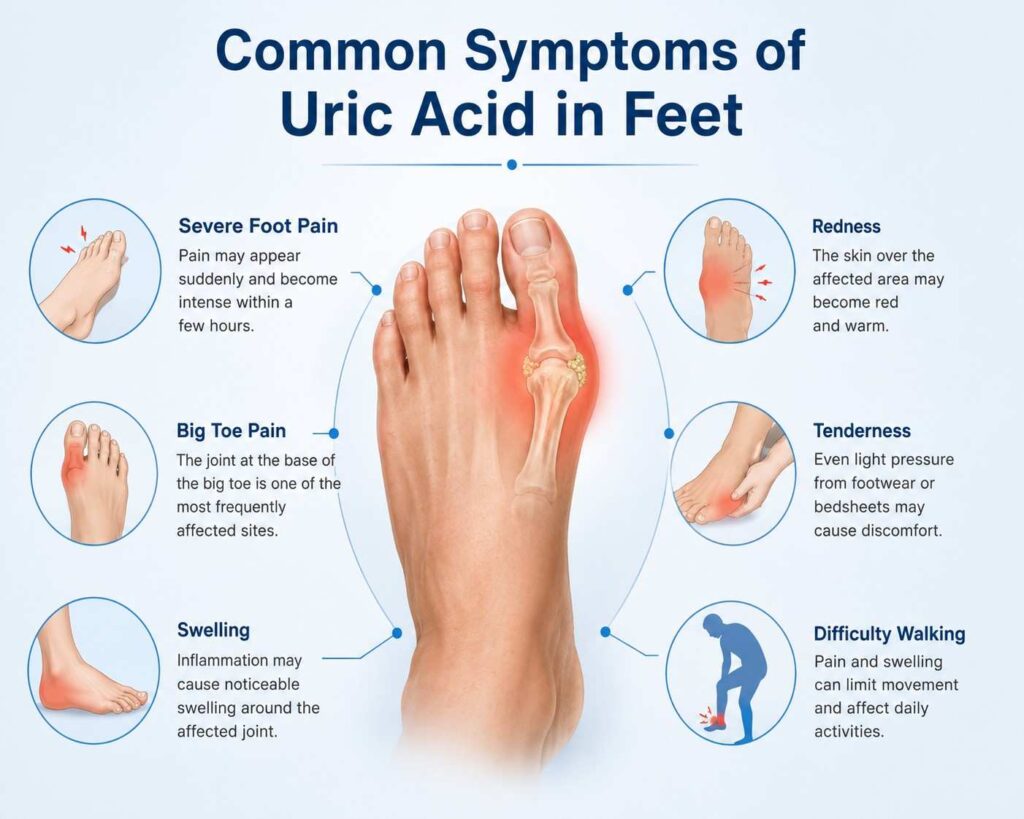 Uric acid symptoms in feet affecting the big toe and foot joints.