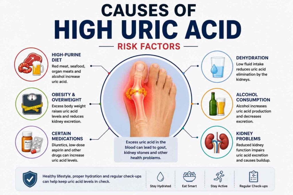 Medical infographic illustrating the major risk factors for high uric acid, featuring an inflamed gout-affected toe joint surrounded by icons representing diet, obesity, dehydration, alcohol consumption, kidney problems, and certain medications.