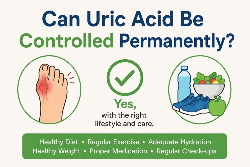 Illustration showing the question “Can Uric Acid Be Controlled Permanently?” with a gout-affected foot, a confirmation check mark, and healthy lifestyle elements including water, exercise shoes, fruits, and vegetables representing long-term uric acid management.
