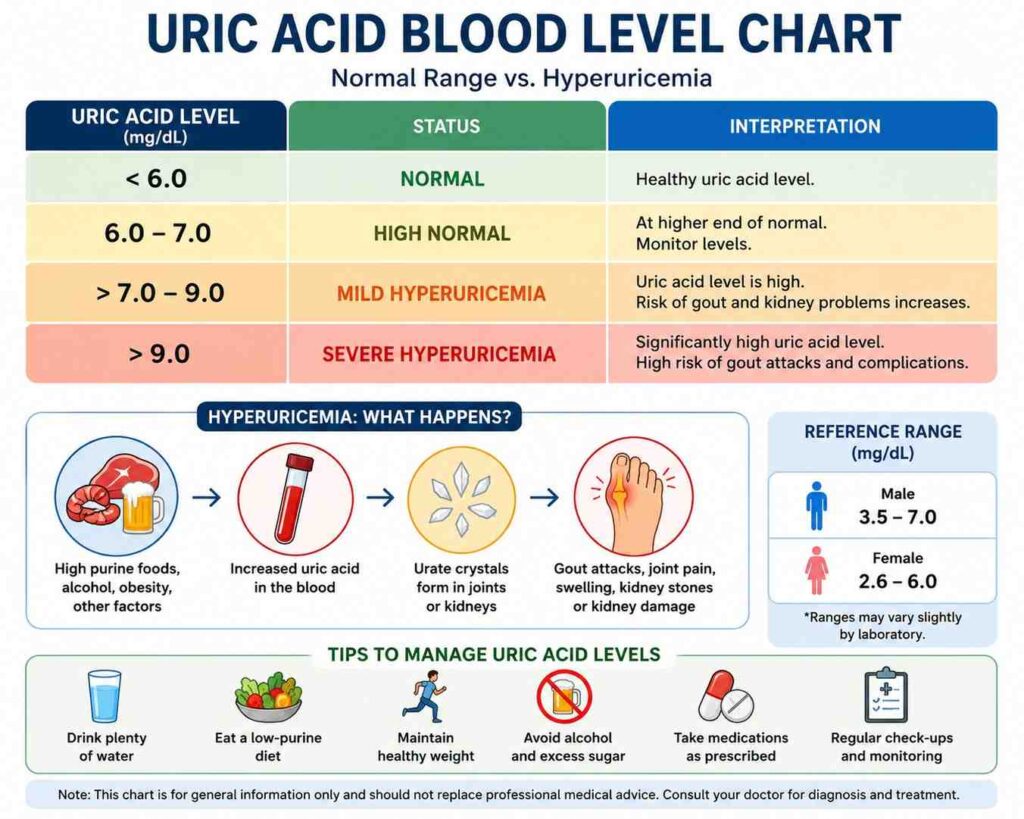 Infographic showing a uric acid blood level chart that compares normal uric acid ranges with mild and severe hyperuricemia, explains how elevated uric acid can lead to gout, and provides lifestyle recommendations for managing uric acid levels.