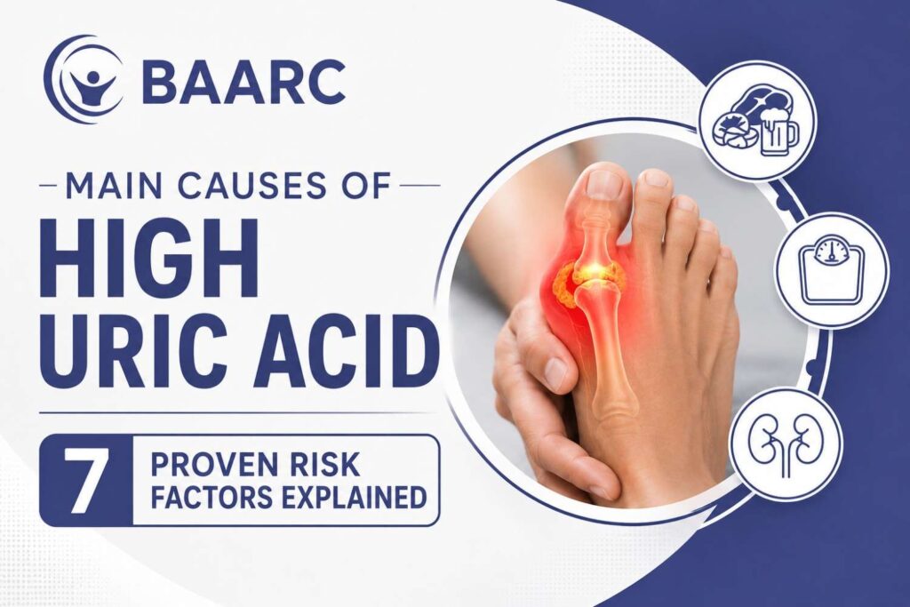 Feature image illustrating the main causes of high uric acid, showing an inflamed big toe joint associated with gout alongside icons representing key risk factors such as diet, obesity, and kidney-related issues.
