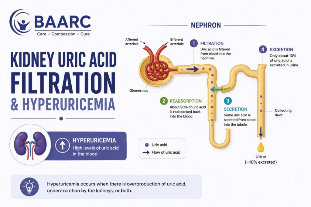 Simplified medical infographic illustrating kidney uric acid filtration and hyperuricemia, showing the nephron process of filtration, reabsorption, secretion, and excretion, along with the relationship between kidney function and uric acid levels.