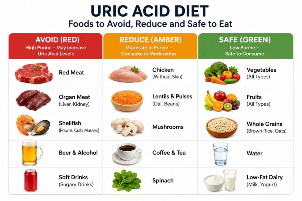 Uric Acid Diet chart showing foods to avoid, reduce, and safely include for managing high uric acid levels and gout.