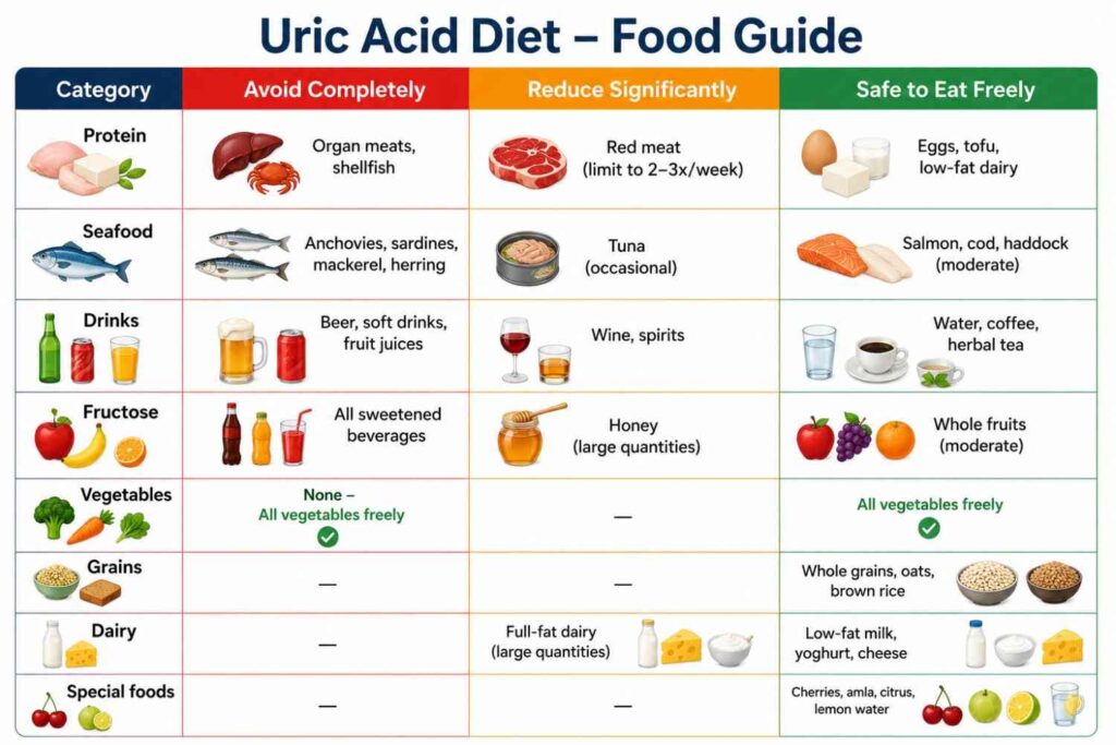 Uric Acid Diet food chart comparing foods to avoid, reduce, and safely consume for managing high uric acid levels and preventing gout attacks.