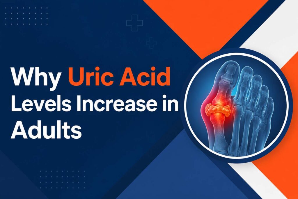 Why Uric Acid Levels Increase in Adults illustration showing uric acid crystal buildup and inflammation in the big toe joint
