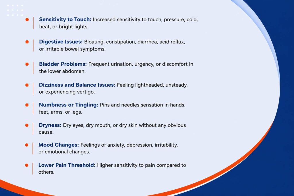 Medical infographic highlighting other early symptoms of fibromyalgia, including sensitivity to touch, digestive issues, dizziness, numbness, dryness, mood changes, and lower pain threshold.