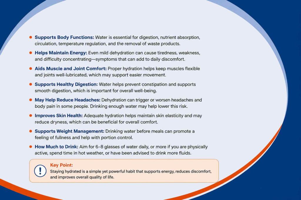Infographic explaining the importance of hydration for energy, digestion, muscle and joint comfort, skin health, and overall well-being.