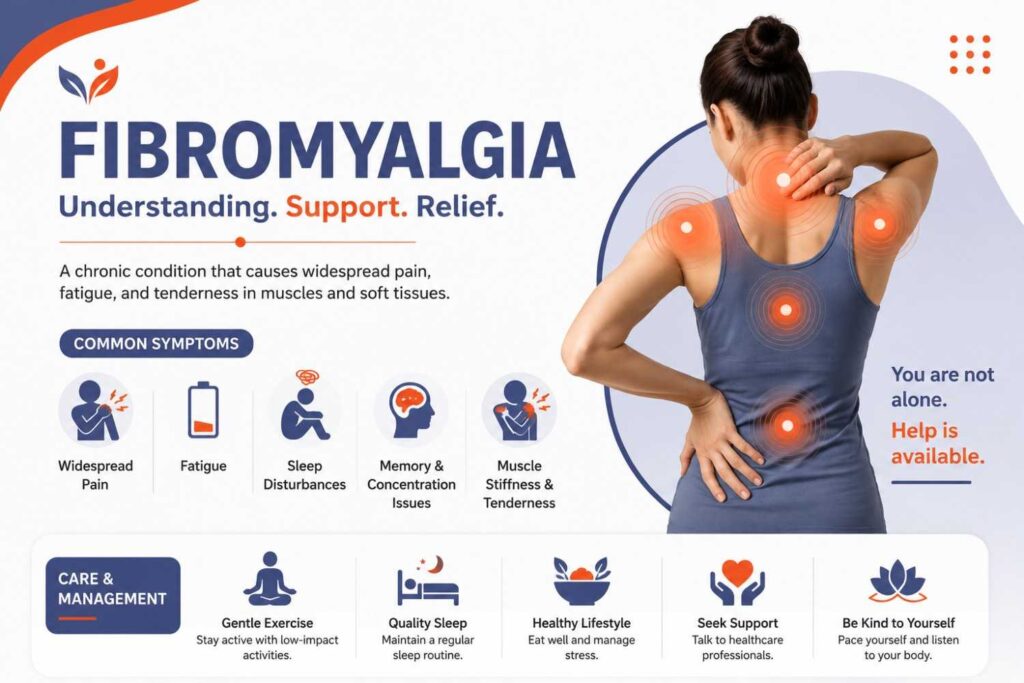 Medical illustration of fibromyalgia showing widespread muscle pain with highlighted pain points in the neck, shoulders, back, and lower back, designed in a blue and orange healthcare theme.
