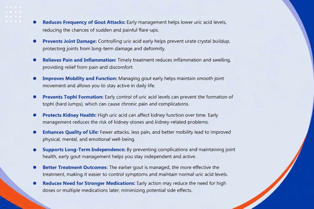 Benefits of early gout management including fewer attacks, reduced pain, improved mobility, and joint protection