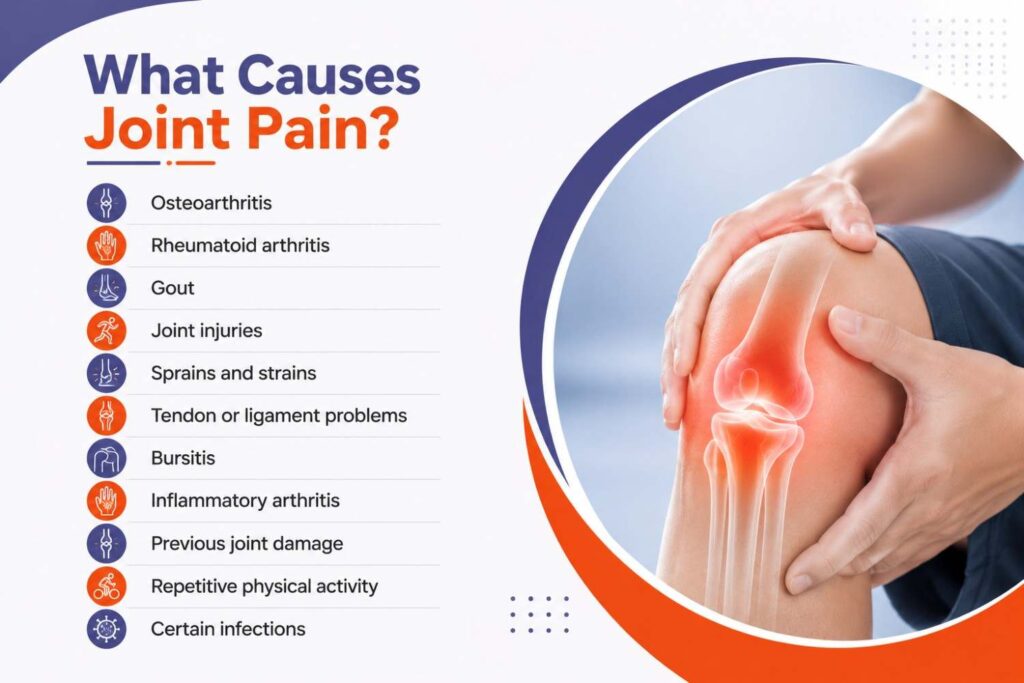 Common causes of joint pain including arthritis, gout, injuries, bursitis, and infections