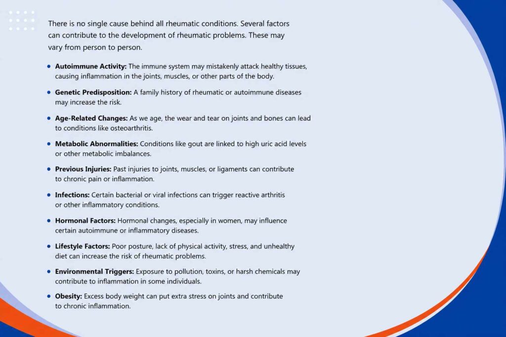 Causes of rheumatic problems including autoimmune activity, genetics, injuries, and lifestyle factors