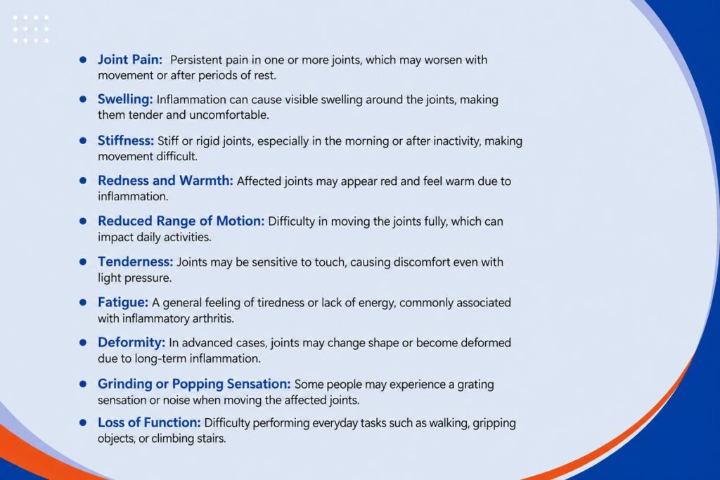 Common symptoms of arthritis including joint pain, swelling, stiffness, tenderness, and reduced range of motion