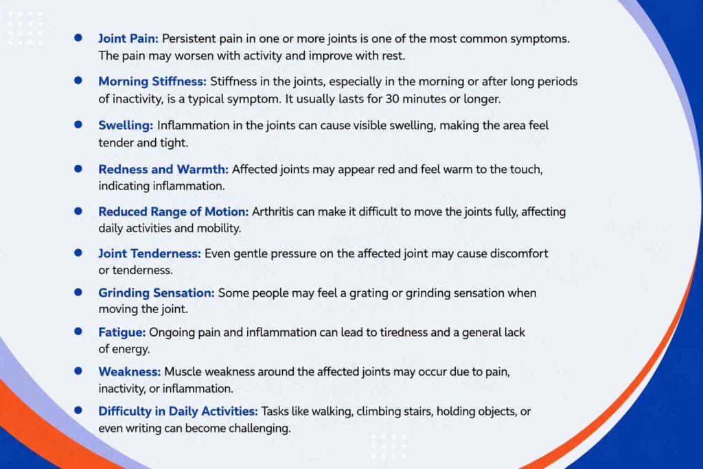 Common symptoms of arthritis including joint pain, stiffness, swelling, and reduced range of motion