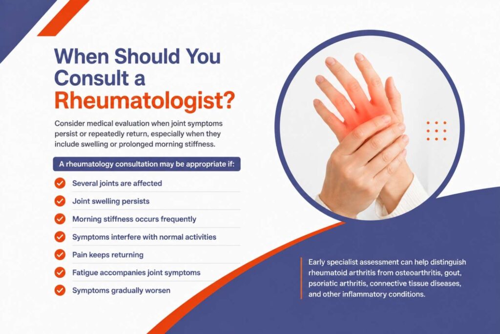 When should you consult a rheumatologist for persistent joint symptoms